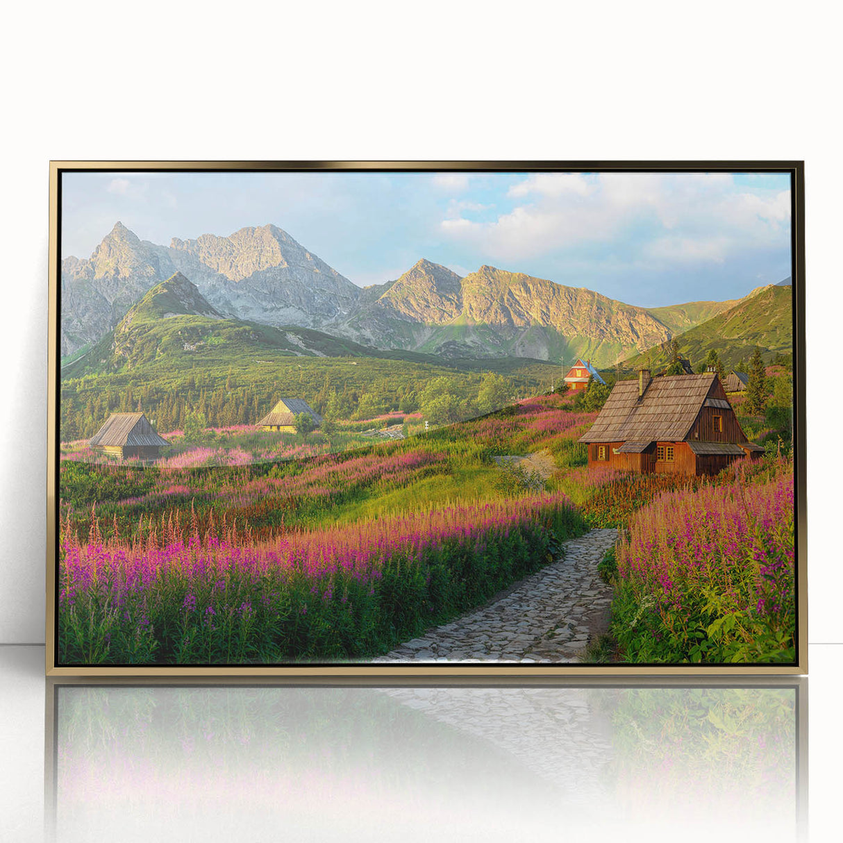 Framed acrylic wall art showcasing a stunning harbor landscape design with gold accents, perfect for enhancing modern home decor. Ideal for living spaces or offices.