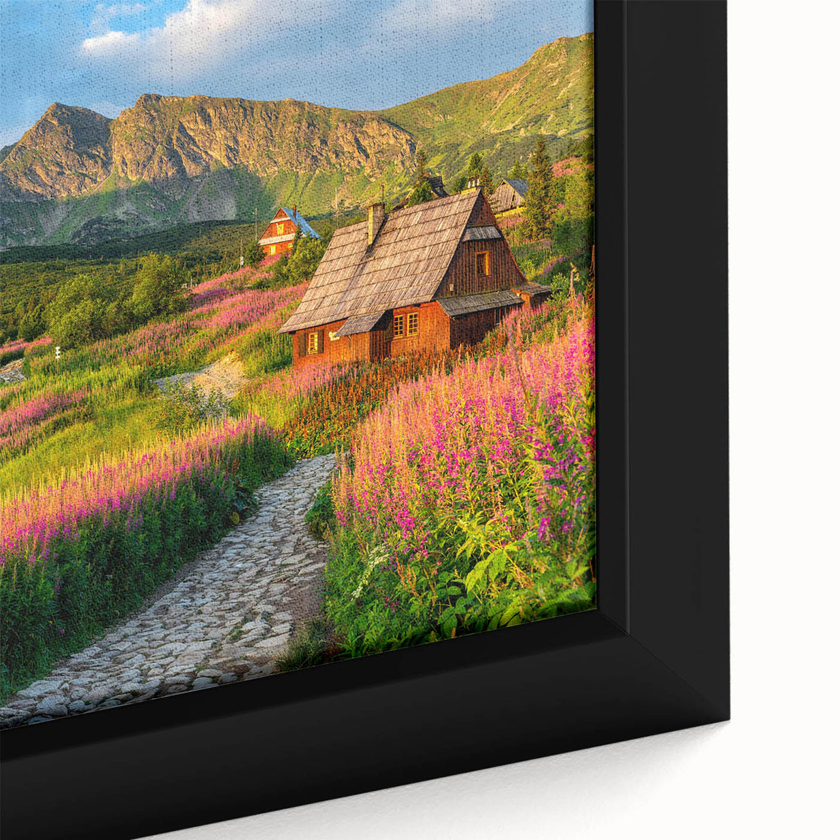 Framed canvas wall art showcasing a serene harbor landscape with vibrant blues and greens, perfect for enhancing home decor and creating a tranquil atmosphere.
