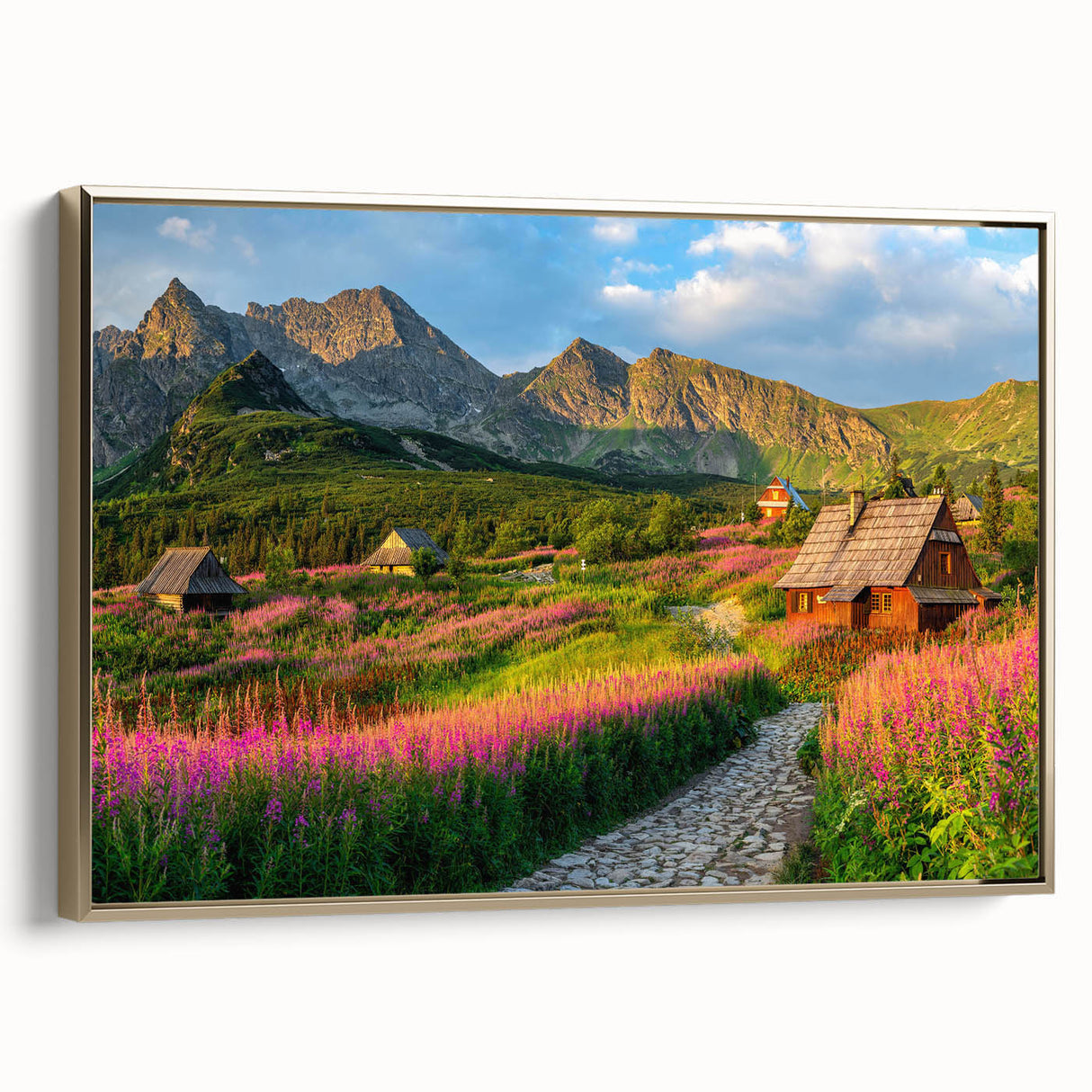 Framed canvas wall art showcasing a serene harbor landscape design, featuring warm gold tones and intricate detailing, perfect for enhancing home decor.