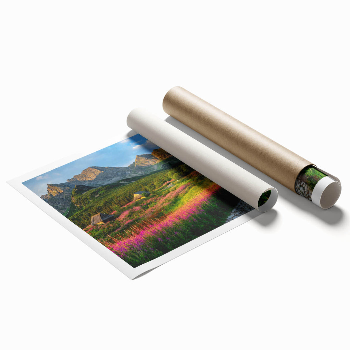 Abstract landscape wall art print showcasing serene harbor scenery with soft pastel colors, rolled and ready for display, perfect for modern home decor.