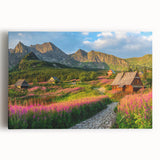 Stretched canvas wall art featuring a serene harbor landscape with vibrant blues and greens, perfect for enhancing home decor and creating a calming atmosphere.