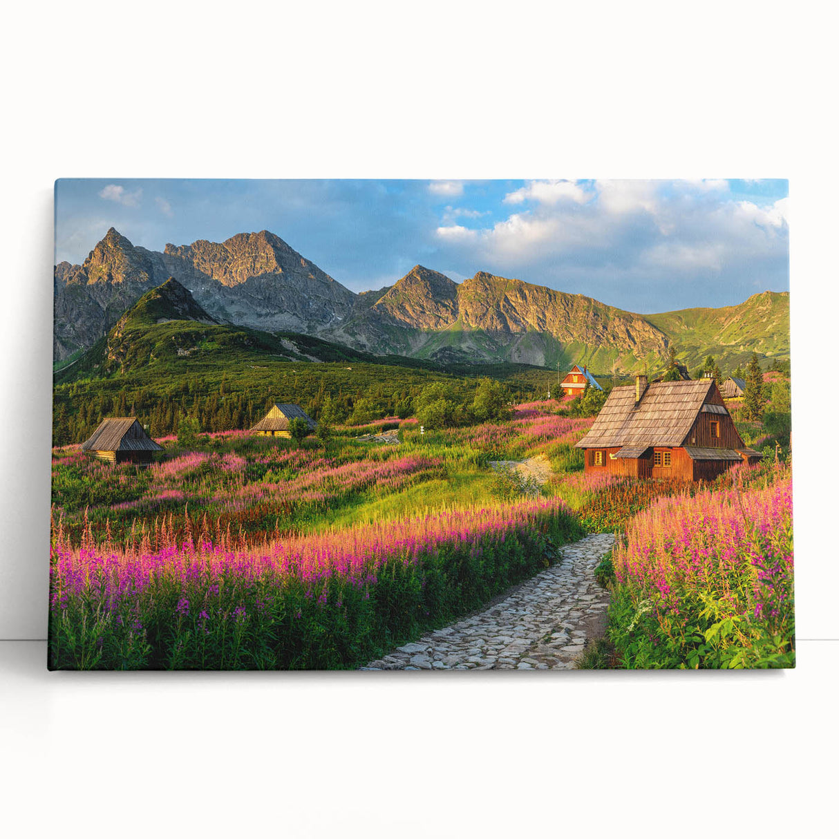 Stretched canvas artwork showcasing a serene harbor landscape design, featuring calming blues and greens. Ideal for contemporary home decor, it leans against a neutral wall, enhancing the ambiance of any living space.
