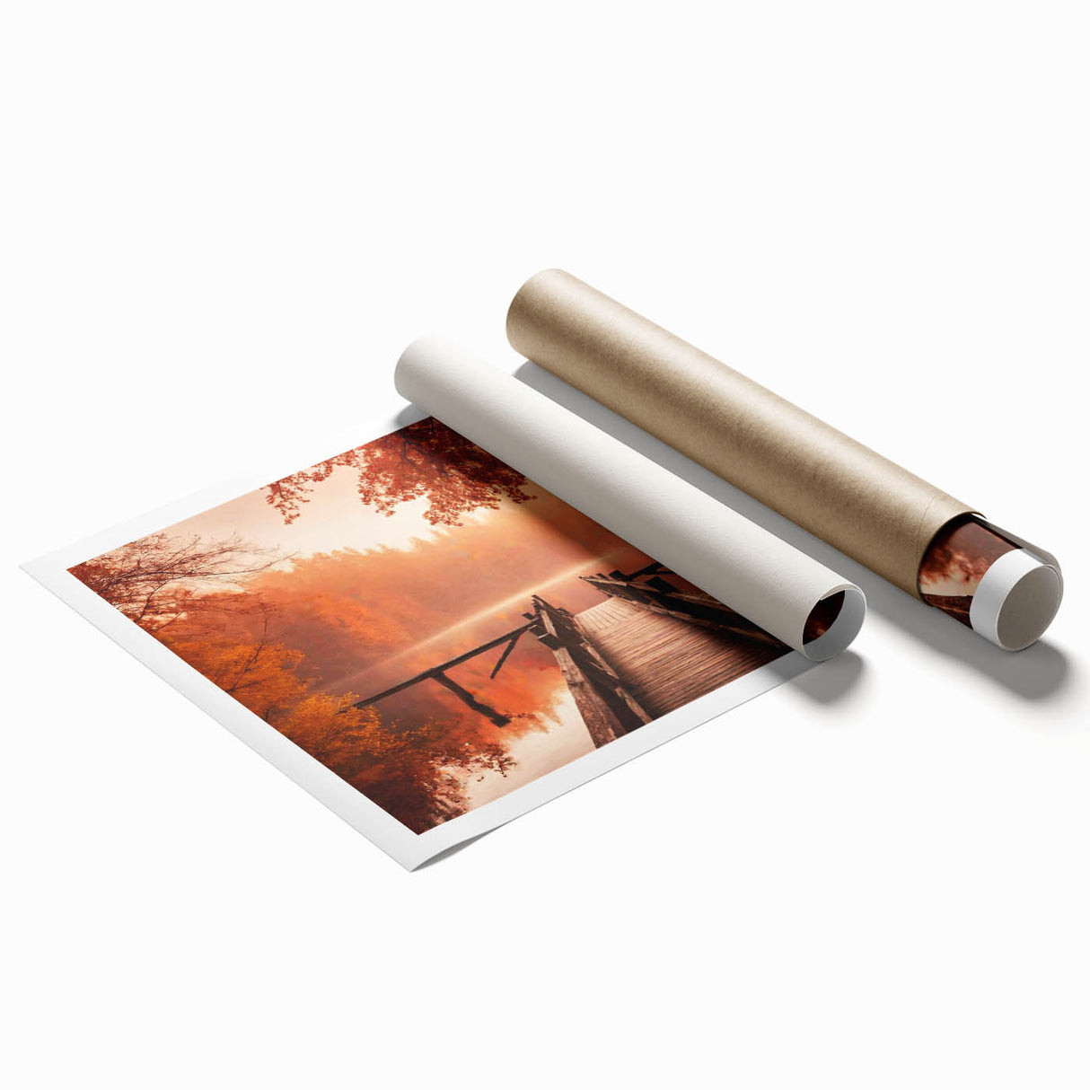 Rolled print showcasing a serene harbor landscape design with soft blue and green tones, perfect for home decor, housed in a protective cardboard tube.