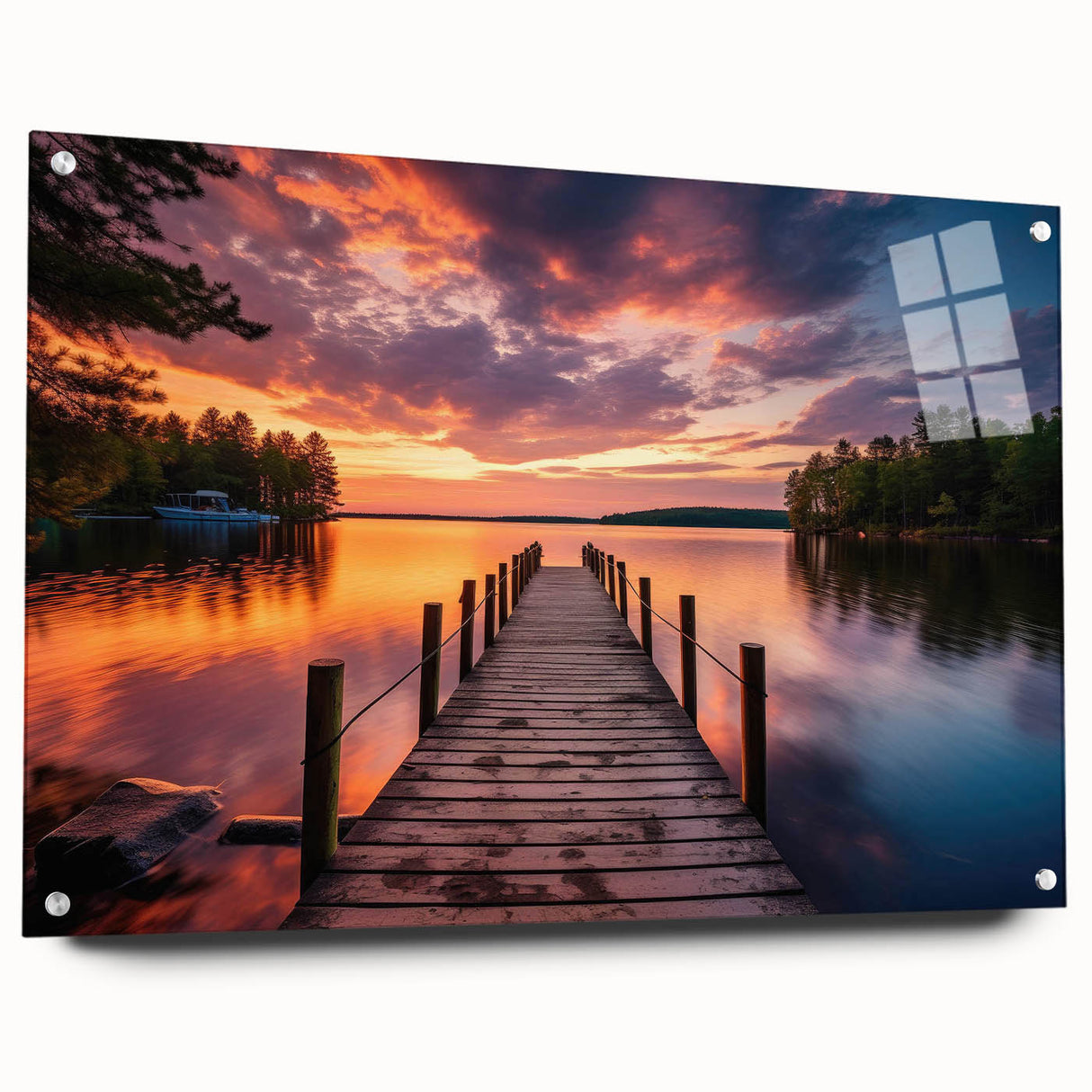 Acrylic glass wall art display showcasing a vibrant harbor landscape design, elegantly mounted with pins for a modern finish. Ideal for enhancing home decor with coastal charm.