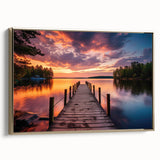 Framed landscape wall art featuring a serene harbor scene with golden accents, showcasing a side view of the canvas, perfect for enhancing home decor aesthetics.