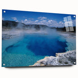 Acrylic wall art showcasing a tranquil hot spring landscape design, featuring vibrant colors and intricate details, displayed from a side view with visible pins.