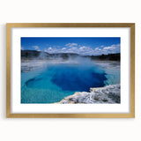 Framed wall art featuring a serene hot spring landscape design with gold accents, showcasing a tranquil natural scene, perfect for home decor enhancement.