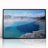 Framed acrylic wall art showcasing a serene hot spring landscape design, featuring vibrant colors and intricate details, perfect for modern home decor.