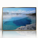 Framed acrylic wall art showcasing a serene hot spring landscape, featuring rich greens and soothing blues, accented by a sleek gold frame, ideal for modern decor.