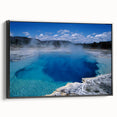Framed canvas wall art showcasing a serene hot spring landscape design, featuring vibrant colors and a modern black frame, perfect for home decor.