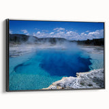 Framed canvas wall art showcasing a serene hot spring landscape design, featuring vibrant colors and a modern black frame, perfect for home decor.