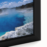 Close-up of a framed canvas artwork showcasing a serene hot spring landscape design, featuring vibrant blues and greens, perfect for home decor enthusiasts.