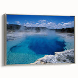 Framed canvas wall art showcasing a serene hot spring landscape design, featuring soothing colors and a silver frame, perfect for modern home decor.