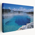 Stretched canvas wall art depicting a serene hot spring landscape, featuring vibrant greens and blues, perfect for enhancing relaxation in any room.