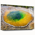 Acrylic glass wall art depicting a serene hot spring landscape, displayed from a side view with decorative pins, ideal for enhancing modern home decor.