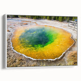 Framed wall art showcasing a serene hot spring landscape, featuring calming blues and greens, perfect for enhancing home decor with a nature-inspired theme.