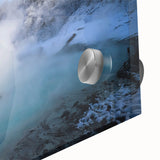 Close-up of a vibrant acrylic glass wall art piece showcasing a serene hot spring landscape, featuring rich colors and intricate details, perfect for home decor.