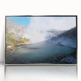 Framed acrylic wall art showcasing a serene hot spring landscape design with silver accents, perfect for enhancing modern home decor and creating a tranquil atmosphere.