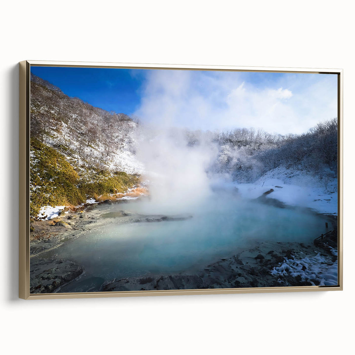 Framed canvas artwork showcasing a serene hot spring landscape design with vibrant colors and gold accents, perfect for home decor and relaxation themes.