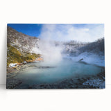 Stretched canvas wall art showcasing a serene hot spring landscape design, featuring vibrant colors and a tranquil atmosphere, perfect for home decor.