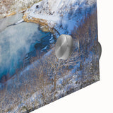 Close-up of vibrant acrylic glass wall art depicting a serene hot spring landscape, featuring lush greenery and calming water tones, ideal for modern home decor.