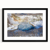 Framed wall art print showcasing a serene hot spring landscape design, presented in a sleek black frame with a white mat, ideal for modern home decor.