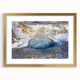 Framed wall art featuring a serene hot spring landscape design, with a gold mat and frame, perfect for enhancing home decor and creating a calming ambiance.