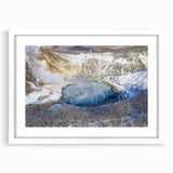 Framed wall art featuring a serene hot spring landscape design, with a white mat and sleek frame, perfect for modern home decor and relaxation themes.