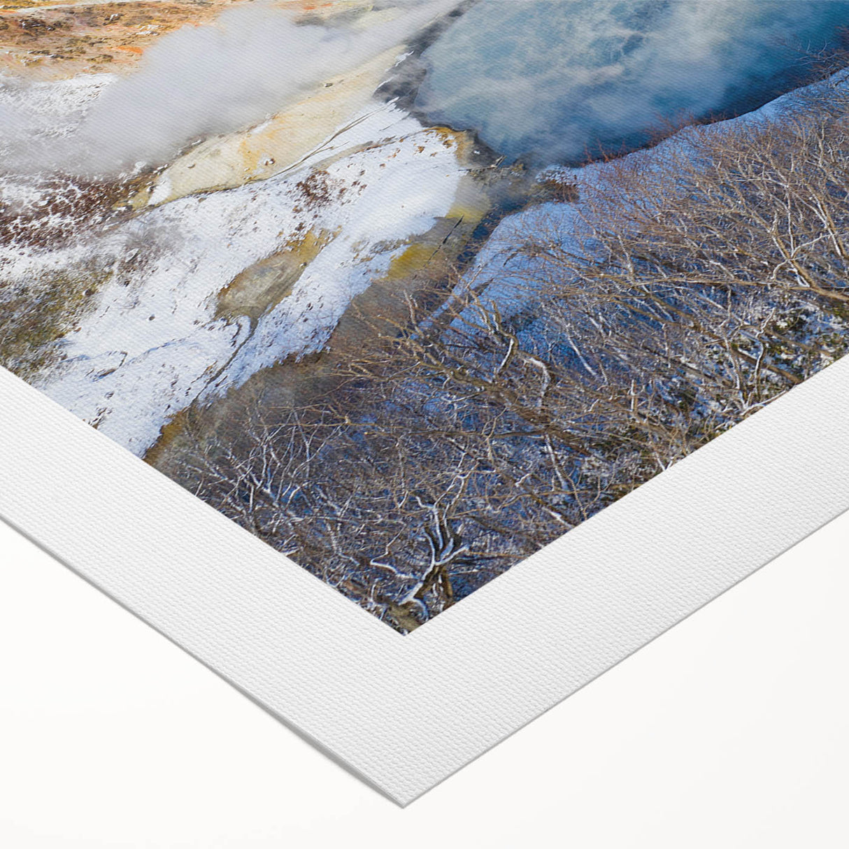 Vibrant rolled canvas wall art showcasing a serene hot spring landscape design, featuring lush greenery and tranquil water, ideal for home decor.