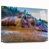 Acrylic glass wall art showcasing a vibrant hot spring landscape design, featuring colorful natural elements and decorative pins for enhanced visual appeal.
