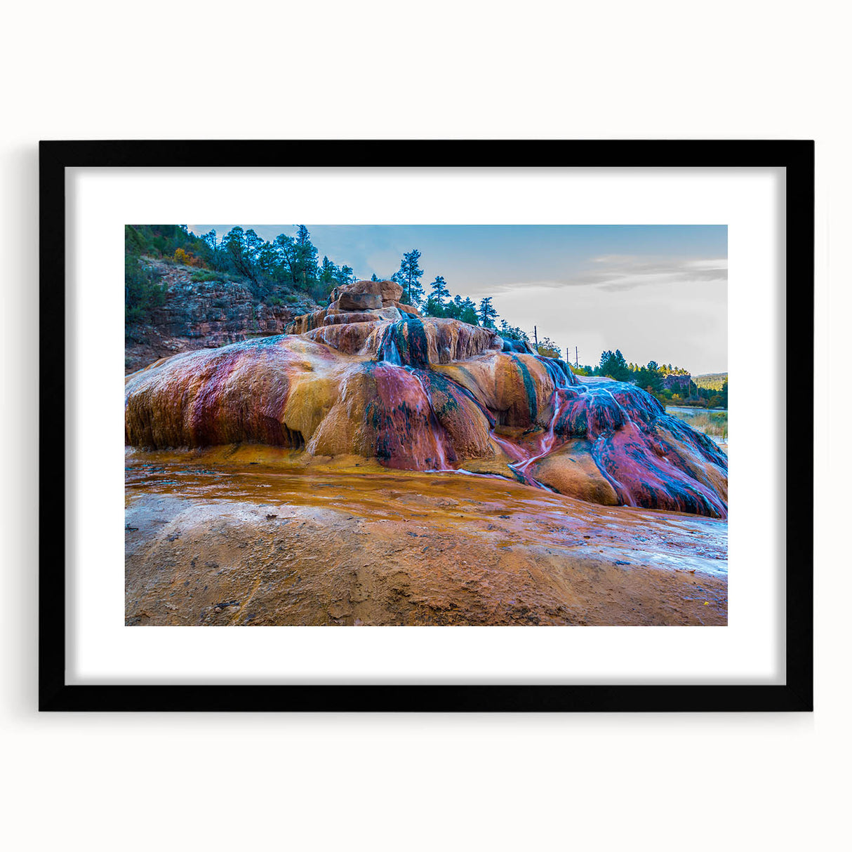 Framed wall art collection showcasing a serene hot spring landscape design, with a black matte frame and elegant matting, ideal for home decor enhancement.