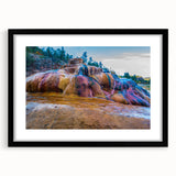 Framed wall art collection showcasing a serene hot spring landscape design, with a black matte frame and elegant matting, ideal for home decor enhancement.