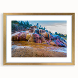 Framed wall art showcasing a serene hot spring landscape design with gold matting, perfect for home decor, enhancing tranquility and elegance in any setting.