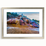 Framed wall art featuring a serene hot spring landscape design, elegantly matted with a silver frame, perfect for enhancing home décor and promoting relaxation.