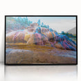 Framed acrylic wall art depicting a serene hot spring landscape, featuring vibrant colors and intricate details, ideal for home decor. Black frame enhances the modern design.