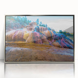 Framed acrylic wall art featuring a serene hot spring landscape design with vibrant colors and intricate details, elegantly displayed in a silver frame. Perfect for enhancing home decor with a calming nature theme.