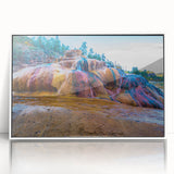 Framed acrylic wall art showcasing a serene hot spring landscape design with vibrant colors and intricate details, ideal for enhancing home decor.