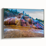 Framed canvas wall art showcasing a serene hot spring landscape design, featuring vibrant colors and intricate details, displayed with a sleek silver frame.