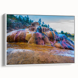 Framed canvas wall art showcasing a serene hot spring landscape design, featuring vibrant colors and intricate details, presented from a side view against a white background.