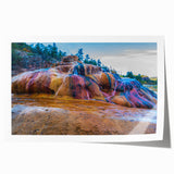 Vibrant landscape wall art print depicting a serene hot spring scene, showcasing rich colors and intricate details, rolled for easy framing and display.