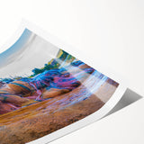 Rolled print showcasing a serene hot spring landscape with lush greenery and misty mountains, perfect for home decor or relaxation-themed spaces. The vibrant colors and tranquil scene evoke a sense of peace and nature's beauty.