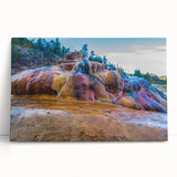 Stretched canvas wall art showcasing a serene hot spring landscape with lush greenery and calming water reflections, perfect for home decor and relaxation themes.