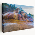 Stretched canvas wall art showcasing a serene hot spring landscape with vibrant colors and intricate details, perfect for nature-inspired home decor.