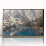 Framed acrylic wall art depicting a serene hot spring landscape, featuring vibrant colors and gold accents, perfect for enhancing home decor with a tranquil vibe.