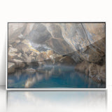 Framed wall art featuring a serene hot spring landscape design, showcasing vibrant colors and intricate details, perfect for enhancing home decor.