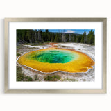 Framed wall art featuring a serene hot spring landscape design, elegantly matted and set in a sleek silver frame, ideal for home decor and relaxation themes.