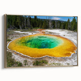Framed canvas wall art showcasing a serene hot spring landscape design with rich golden accents, ideal for enhancing home decor and creating a calming atmosphere.