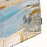 Close-up of a vibrant hot spring landscape wall art design, showcasing rich colors and intricate details on acrylic glass, perfect for home decor enhancement.