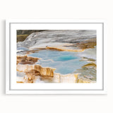 Framed wall art collection featuring a serene hot spring landscape design with a white mat, ideal for home decor, evoking tranquility and nature's beauty.