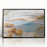 Framed acrylic wall art showcasing a serene hot spring landscape design, featuring vibrant colors in a black frame, perfect for enhancing home decor.